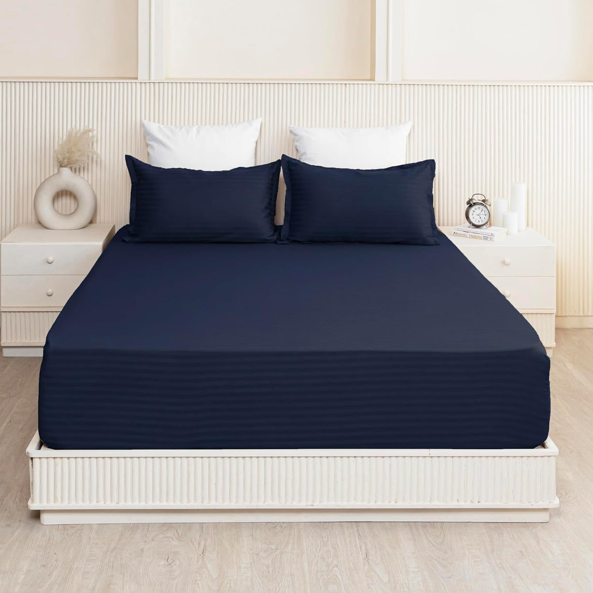 210 TC Cotton Double Bed Fitted Bedsheets With 2 Pillow Cases - 78 X 72 Inches, Dark Blue | Satin Stripes Wrinkle Free | Comfortable Fabric Bedsheet