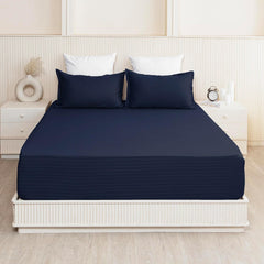 210 TC Cotton Double Bed Fitted Bedsheets With 2 Pillow Cases - 78 X 72 Inches, Dark Blue | Satin Stripes Wrinkle Free | Comfortable Fabric Bedsheet