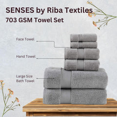 Senses By Riba Cotton Towel Bath, Hand & Wash 703 Gsm | All Cotton Zero Twist Premium Hotel & Spa Quality Highly Absorbent | Pack Of 6 (Alloy)