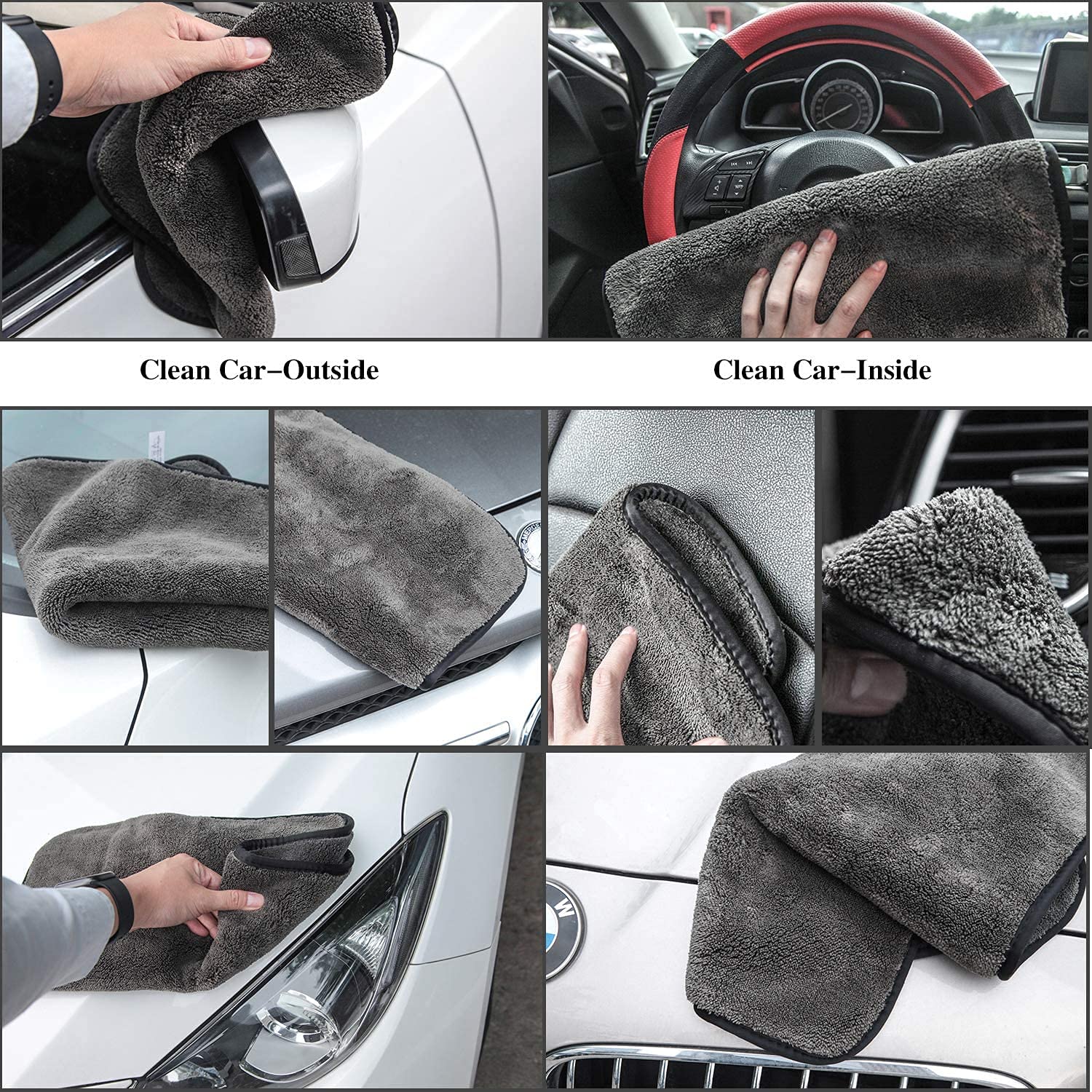 Auto Hub Heavy Microfiber Cloth For Car Cleaning & Detailing, Double Sided, Extra Thick Plush Microfiber Towel Lint-Free 800 Gsm | Pack Of 3 (Grey)
