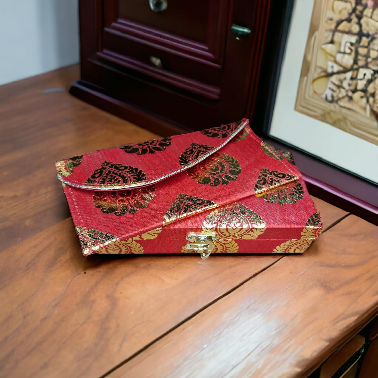 Decorative Printed Cash Box & Money Envelope, Shagun Box, Gift Box, Jewellery Box, Money Box Wedding Gift, Colour - Red, Material - Wood