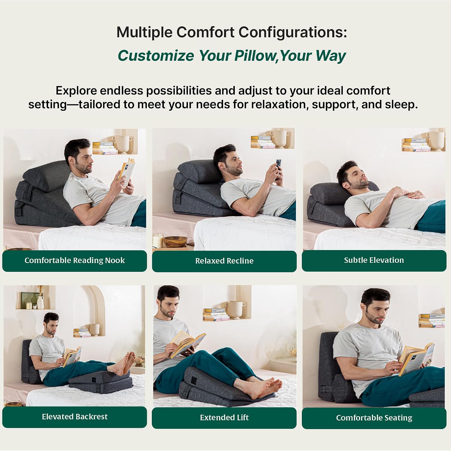 Wedge Cushion, Dual Layer Wedge Pillow For Bed & Back Support - Standard Size - 18 L X 18 W X 7 H+3 H Inch | Wedge Pillow For Neck & Back Pain, Acid Reflux - Adjustable, Headrest Pillow