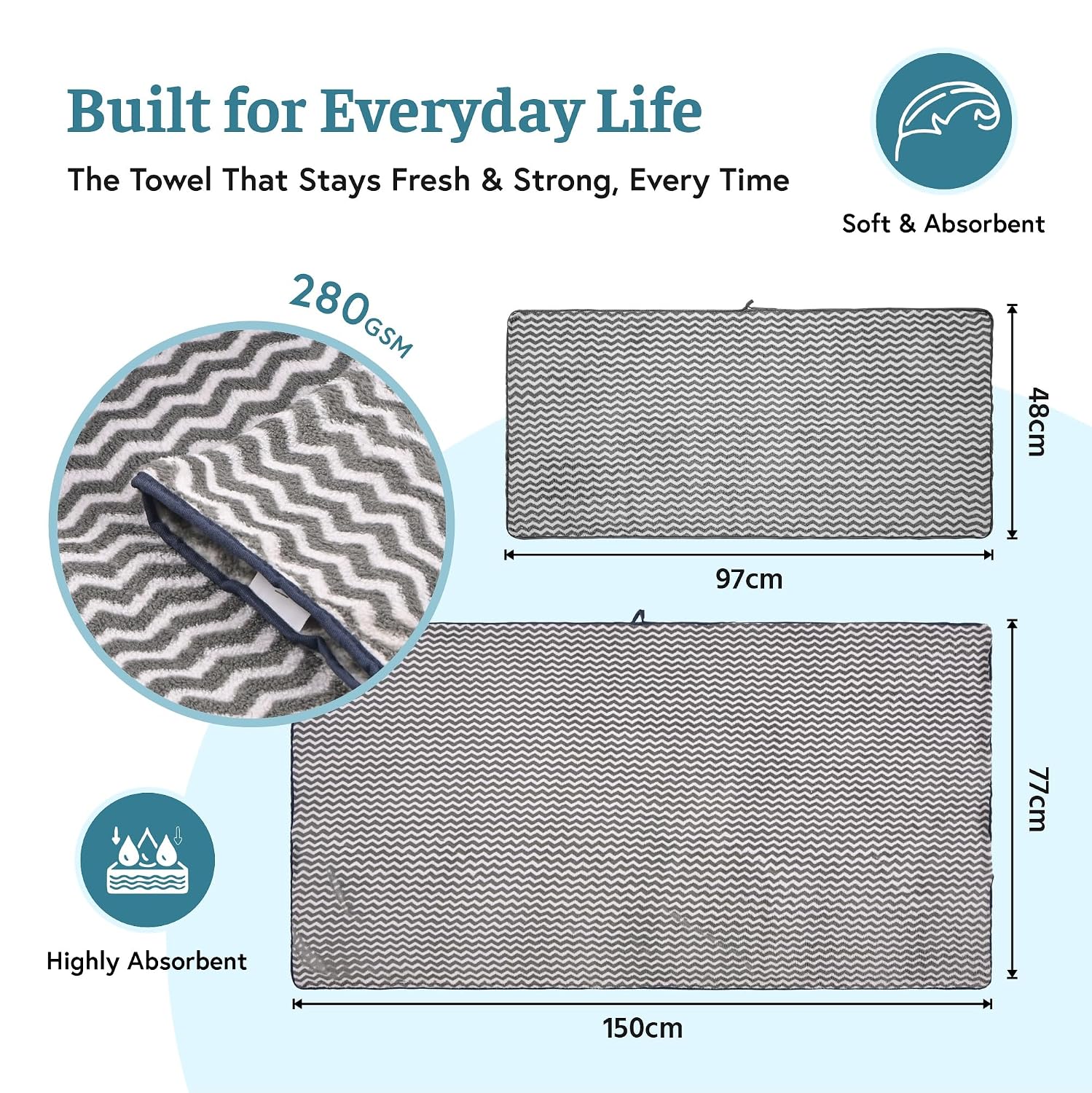 Kuber Industries Cotton Bath & Hand Towels 2000 Gsm | Quick Absorbent Easily Washable For Men & Women Workout Gym Napkins For Men - Zig Zag - Grey (Pack Of 6)