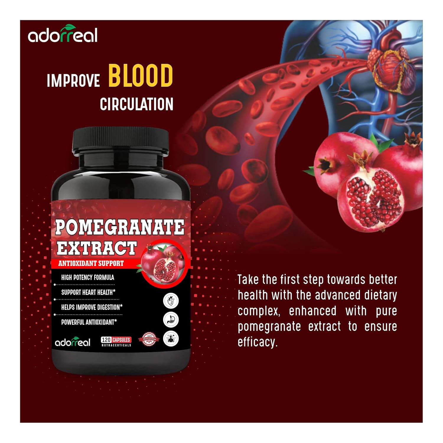 Adorreal Pomegranate Fruit Extract, Rich In Antioxidants For Healthy Body, Helps To Fight Against Harmful Free Radicals | 120 Capsules 150gm 0.3lbs
