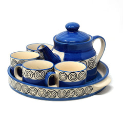 Hand Painted Blue Swirl Tea Set With Kettle | Ceramic Tea Kettle Set With 4 Cups, 150ml Each + 1 Kettle, 700ml + 1 Tray | 6 Pieces - Microwave Safe & Dishwasher Safe