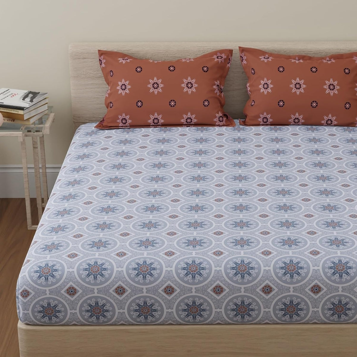 Bedsheet For King Size With 2 Pillow Cover - 108 X 108 Inches, Brown & Grey | Suitable For All Weather Season - 4 Pcs Bedding Set