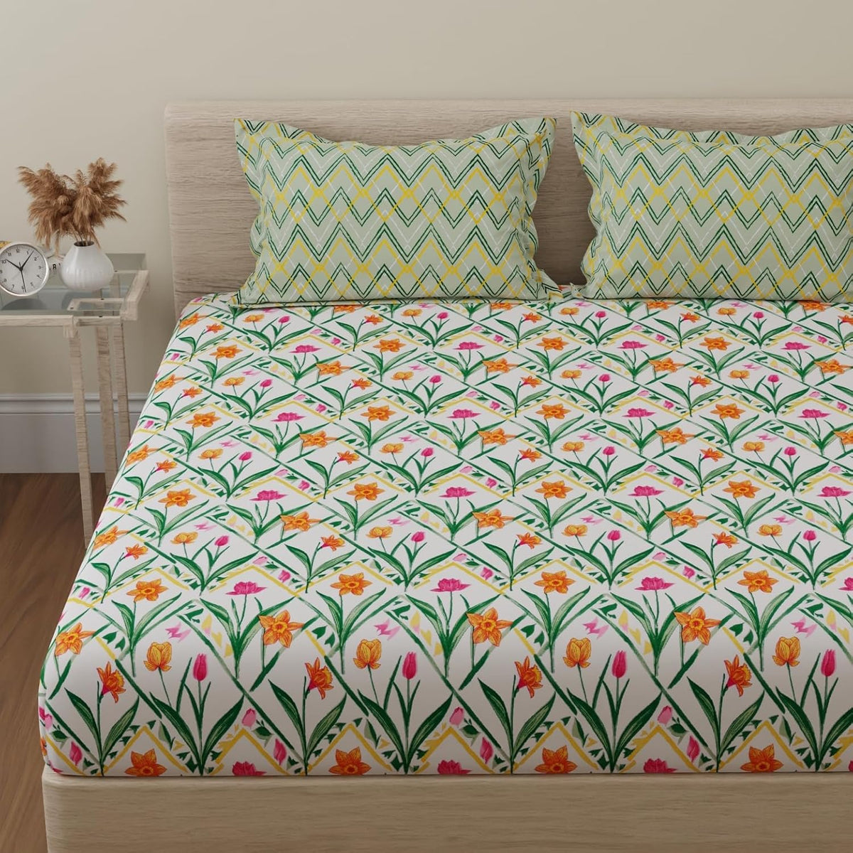 Double Bedsheet For King Size With 2 Pillow Covers - 108 X 108 Inches, Green & Yellow | Beautiful Print For Luxury Bedsheets