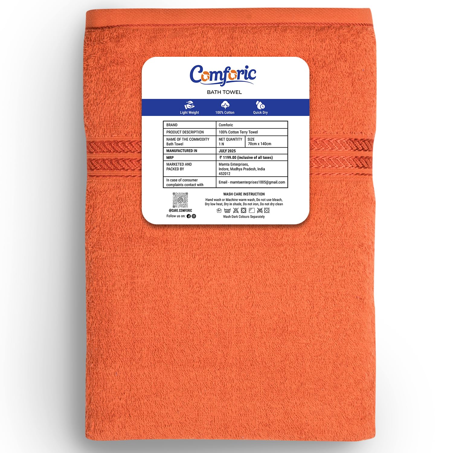Comforic 100% Cotton Bath Towels 500 Gsm | Large Size Bath Towel For Men & Women Quick Dry, Super Soft & Absorbent Gym Towel, Travel Towel (Sunset Orange)