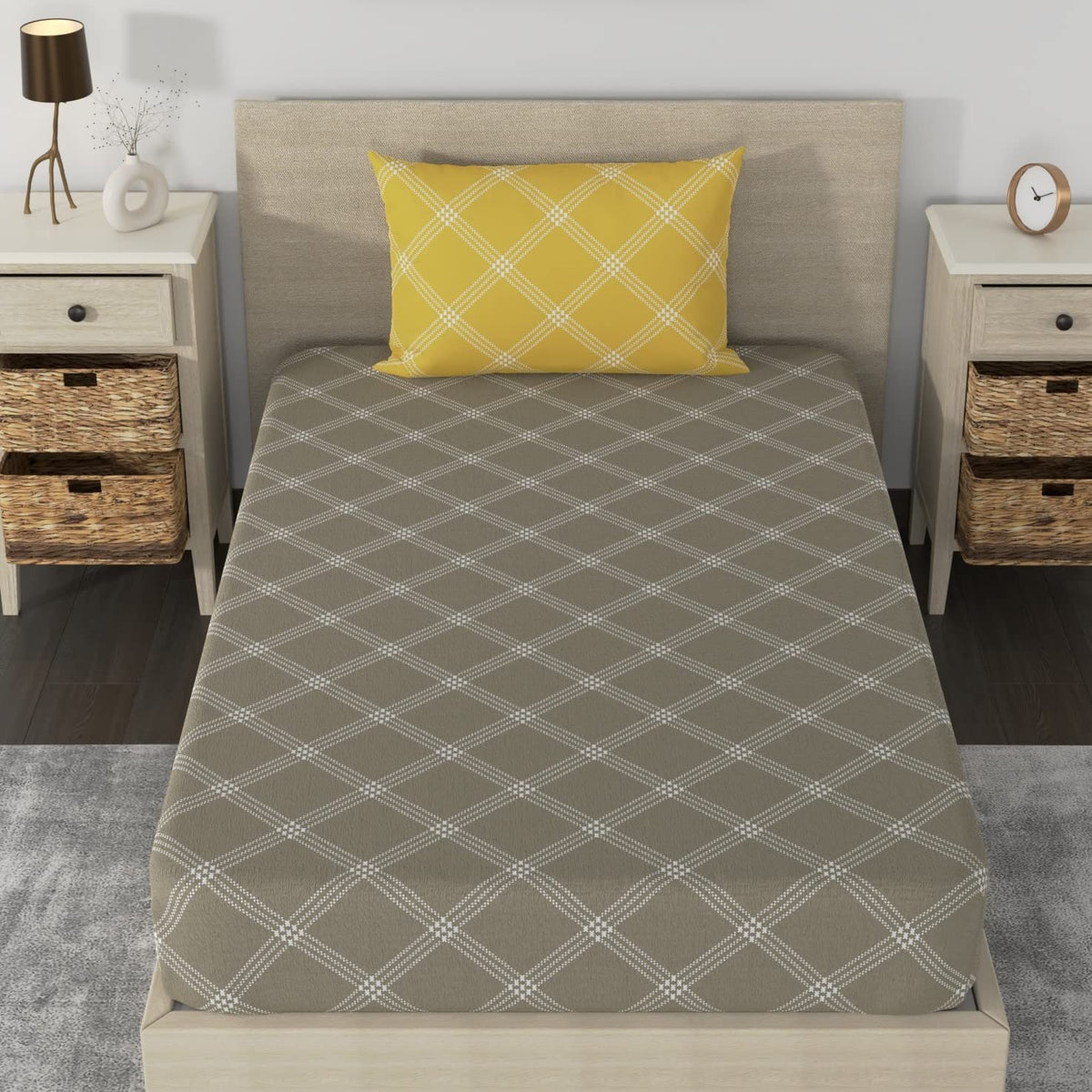 Single Bedsheet Cotton With 1 Pillow Cover - 55 X 88 Inches, Brandon Beige & Yellow | Lightweight, Soft & Breathable - Perfect For Gifting On Weddings Bedsheet
