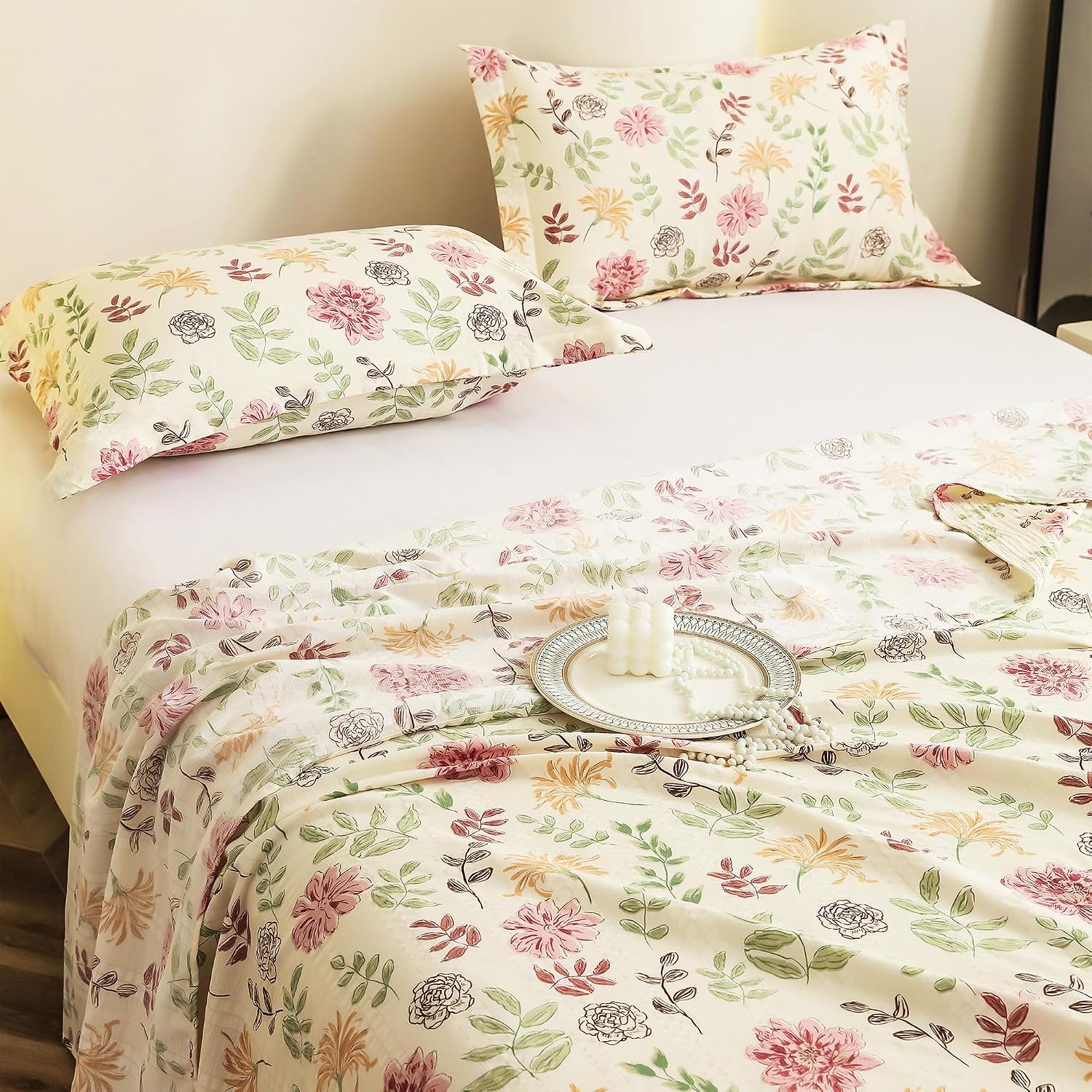 Flat Bedsheet For King Size With Two Pillow Covers - 100 X 108 Inches, Off White & Pink | Super Soft Bed Sheet For King Size Bed | Floral Design