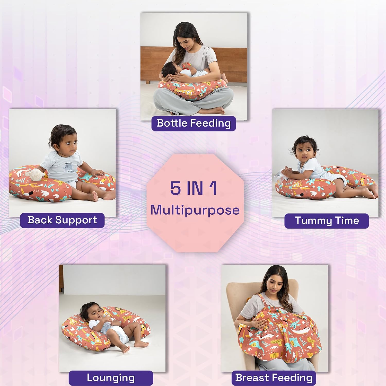 Nursing Pillow, With Cape For Breastfeeding & Baby Care, Feeding Pillow, Brown | Jungle Zoo Printed, 5 In 1 Multipurpose Use, 100% Cotton Removable Cover | Super Soft & Machine Washable