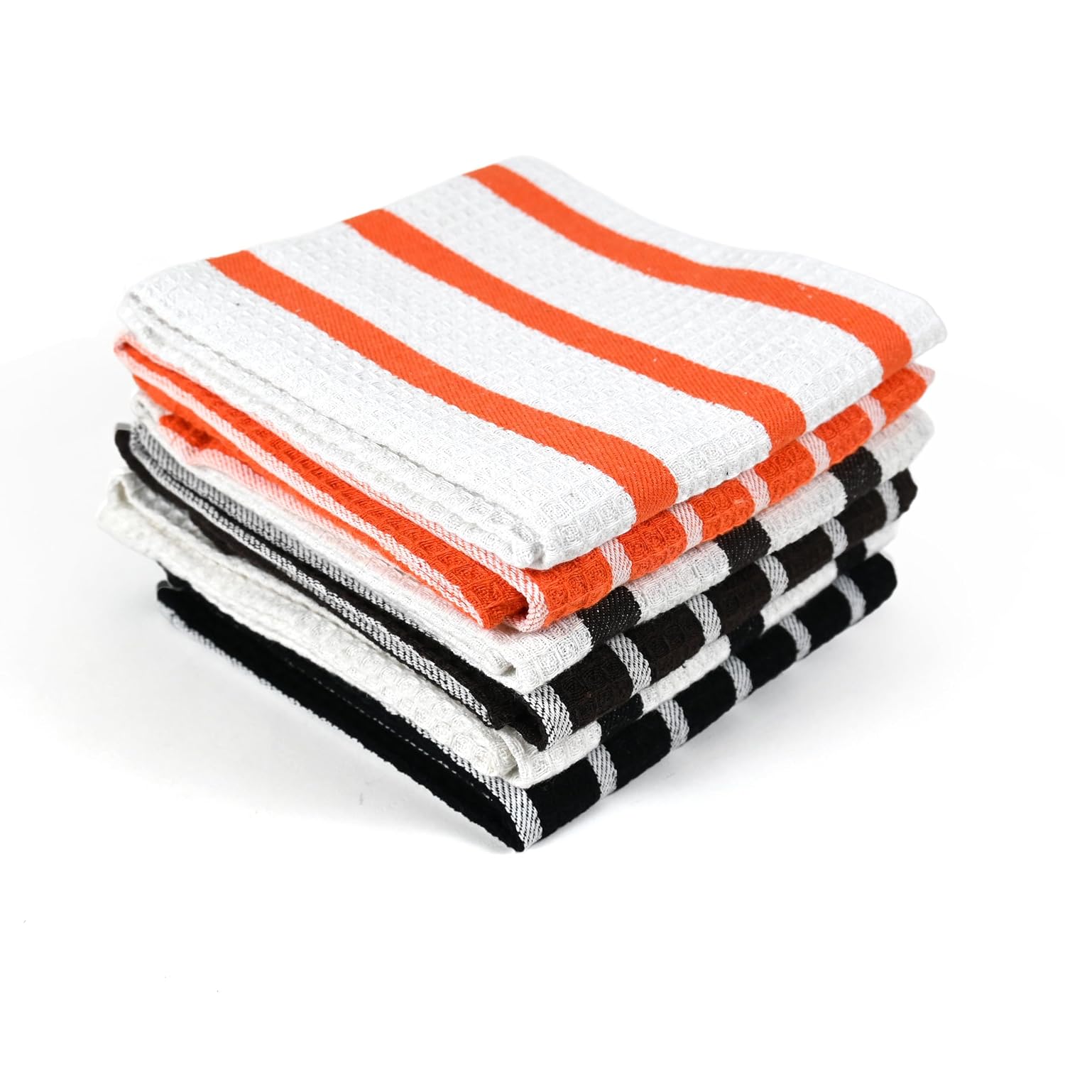 Linensutra Cotton Kitchen Towels 550 Gsm | Striped, Super Absorbent, Lint-Free (Orange, Black & Brown)- Pack Of 6