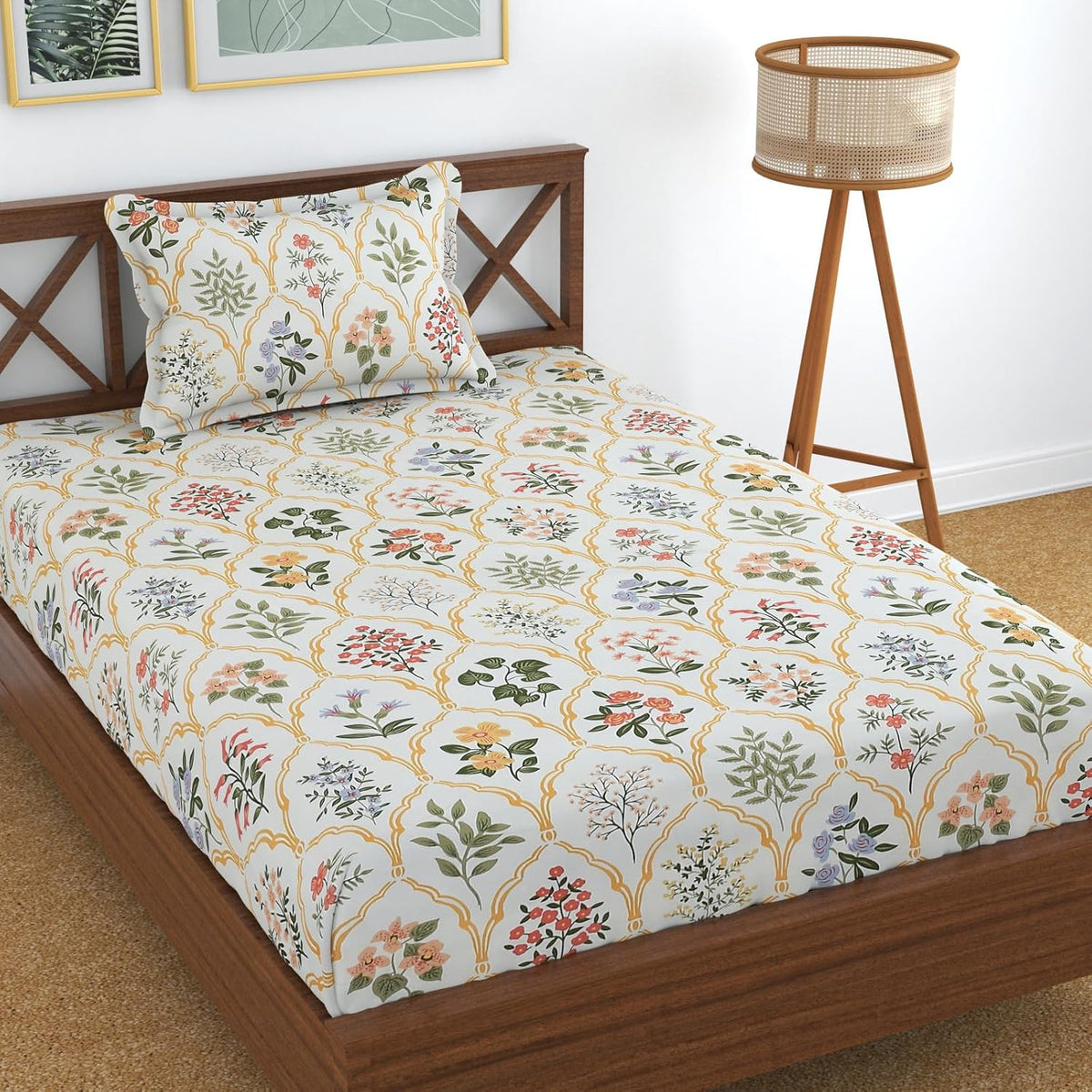 Glace Cotton Single Bedsheet Elastic Fitted With 2 Pillow Cover - 48x78x8 Inches, Multicolor | Soft Touch To Skin | Perfect Ideal For House, Hotel, Guest House Bedsheet