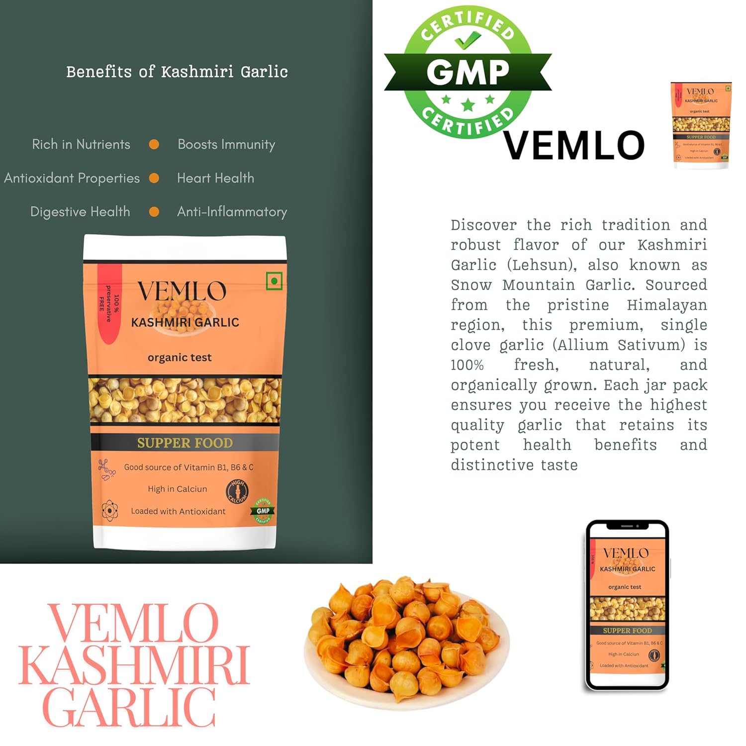 Vemlo Kashmiri Garlic 100% Fresh & Natural Organic Single Clove Garlic, Premium Himalayan Allium Sativum For Strong Immunity, A Taste Of Himalayan Tradition | 150gm 0.3lbs