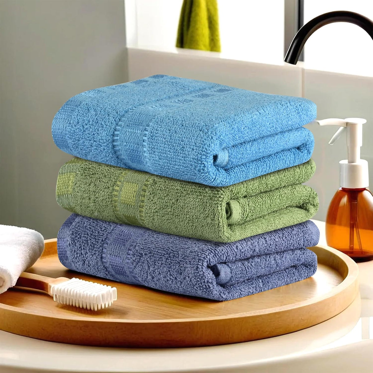 Heart Home Cotton Hand & Face Towels 600 Gsm | For Men & Women Easily Washable Workout Gym Towel - Dark Blue, Green & Sky Blue (Pack Of 3)
