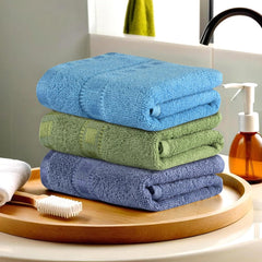 Heart Home Cotton Hand & Face Towels 600 Gsm | For Men & Women Easily Washable Workout Gym Towel - Dark Blue, Green & Sky Blue (Pack Of 3)