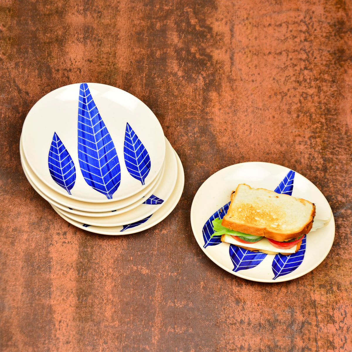 Hand Painted Ceramic Blue Leaf Quarter Plates Set Of 6 - 7 Inches, Blue & White | Dishwasher Safe Small Side Plates - Microwave Safe Snack Plates