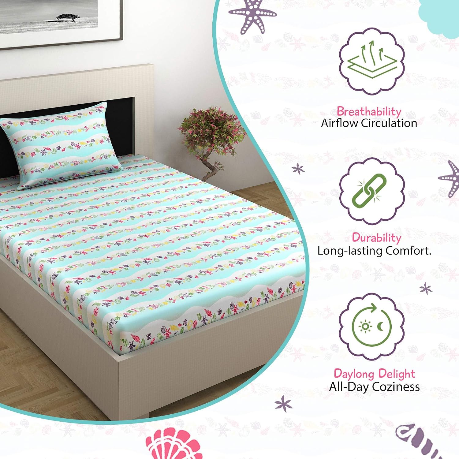 1 Single Bedsheet With 1 Pillow Cover - 57 X 87 Inches, Multicolor | Skin Friendly Fabric For Everyday Use - Soft, Breathable & Comfortable Sleeping