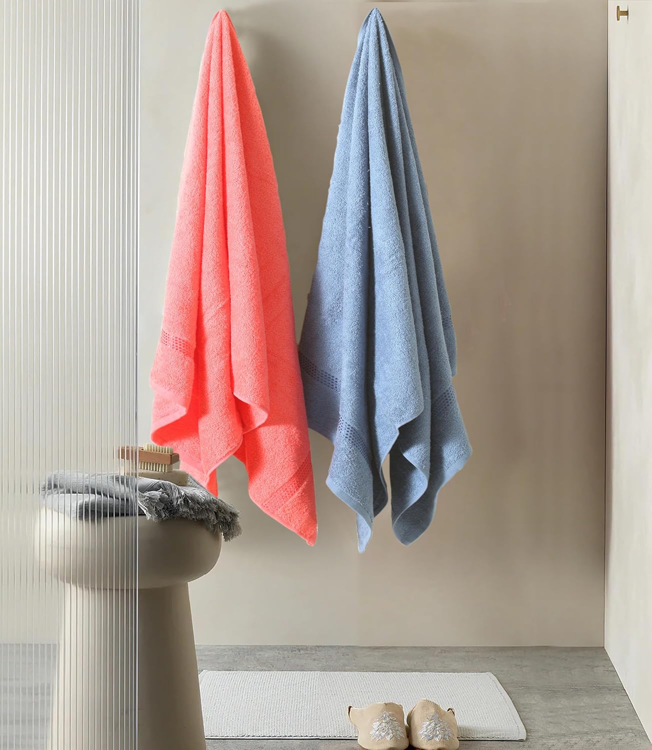 Fash Home International Quick Dry Star Border Bath Towel 1000 Gsm | Soft & Absorbent Solid Bath Towel Lightweight & Skin-Friendly Towel For Everyday Use (2 Pcs) - Deep Blue & Red