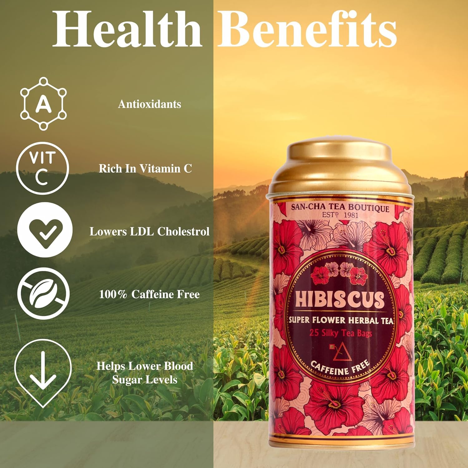 San-Cha Hibiscus Super Flower Herbal Tea - 25 Silky Tea Bags | Rich In Vitamin C, Helps Boost Immunity - Caffeine Free
