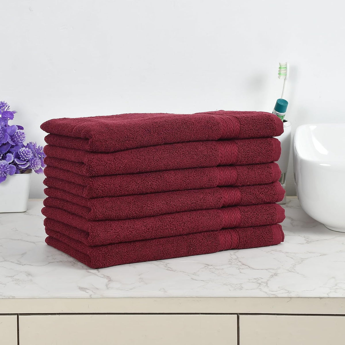 Fresh From Loom Luxury Fur Collection Hand Towel 500 Gsm Napkins Cotton High Absorbency Double Stitched Size (Wine) - Set Of 6