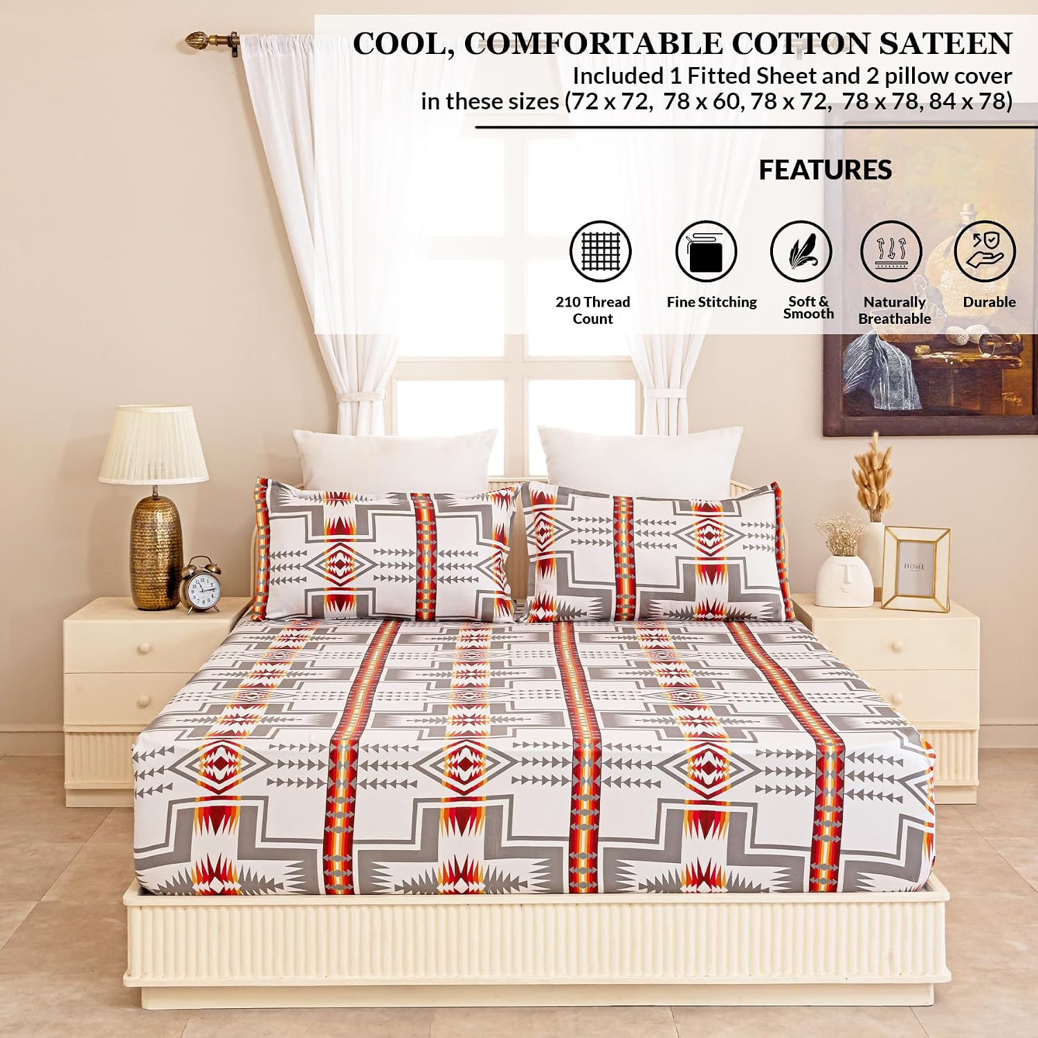 Double Size Elastic Fitted Bedsheet With 2 Pillow Covers - (72 X 72 Inches, Grey & Red) | Wrinkle Free Bed Sheets | Perfect For Home Decor & Gifting