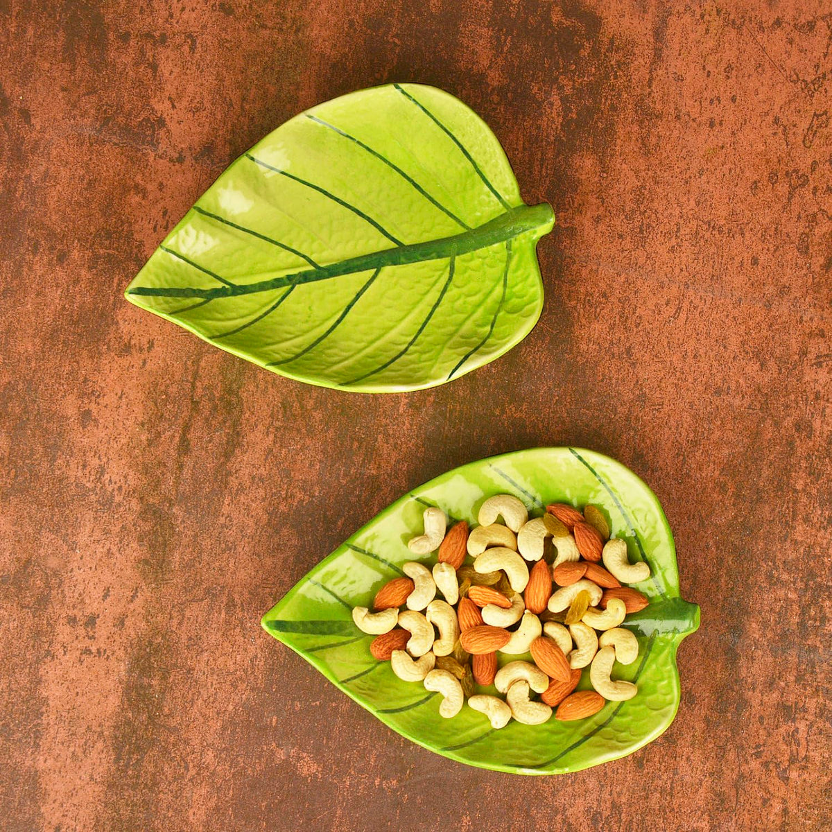 Handcrafted Ceramic Leaf Shaped Platter Set Of 2 - Light Green, L X B: 18 Cm X 14 Cm | Snacks Serving Tray - Dry Fruits Serving Plates