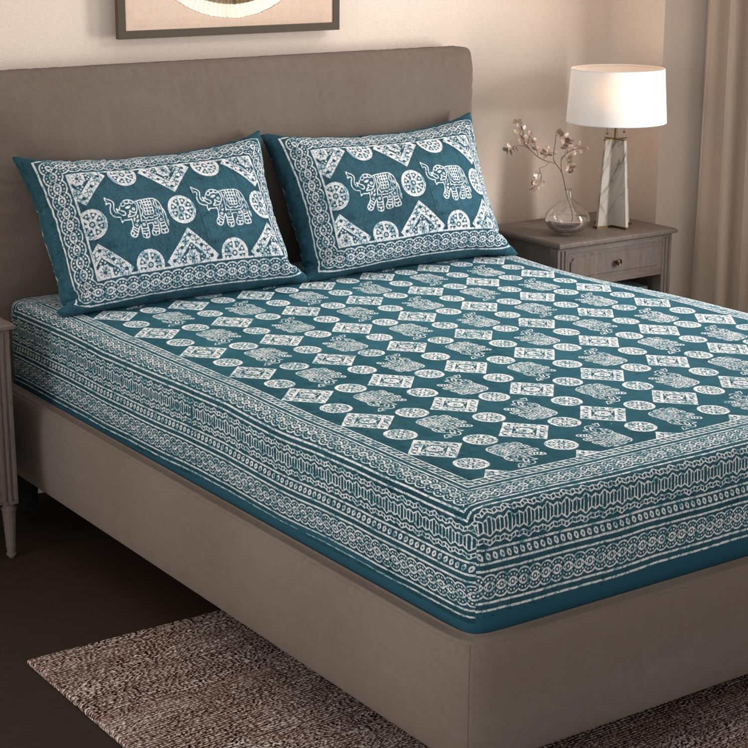 Printed Double Bedsheet For Queen Size With 2 Matching Pillow Cover | Size 90 X 100 Inches, Dark Green - Handloom Cotton Bedsheets For Double Bed | Soft & Smooth