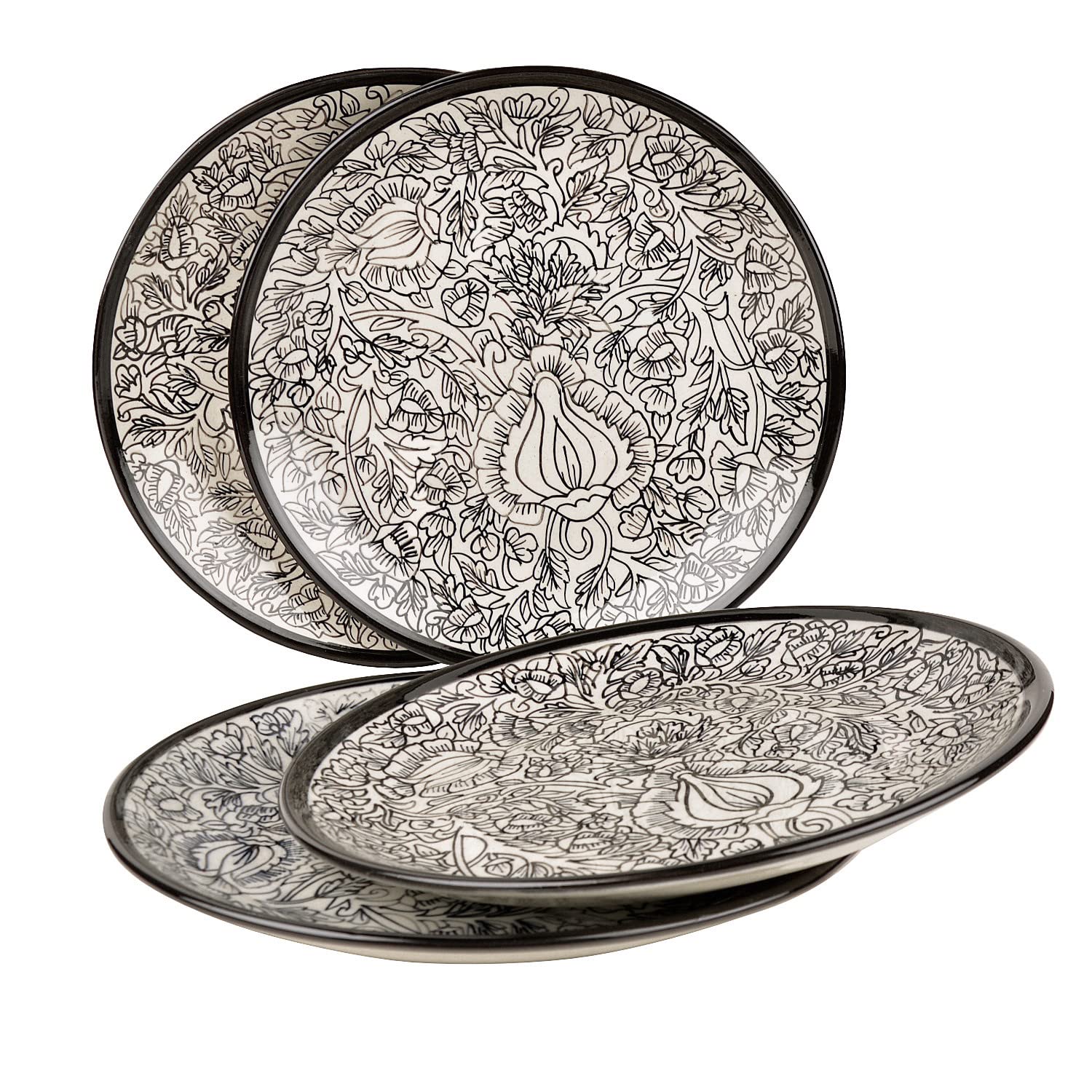 Hand Painted Ceramic Dinner Serving Plates Set Of 4 - Off White & Black, 25 Cm | Full Plates - Ceramic Platter - Kalamkari Collection