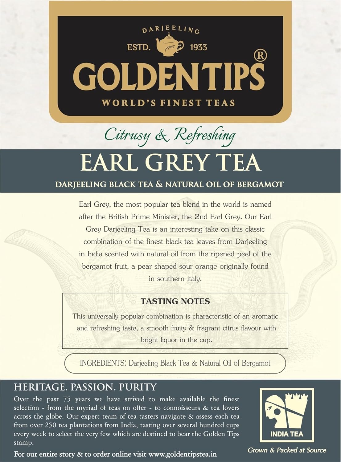 Golden Tips Earl Grey Black Tea - 200gm Brocade Bag, 7.05 Ounce, 100 Cups | Blended With Pure Oil Of Bergamot - Brew Hot Or Iced Tea | Low Caffeine Loose Leaf Tea