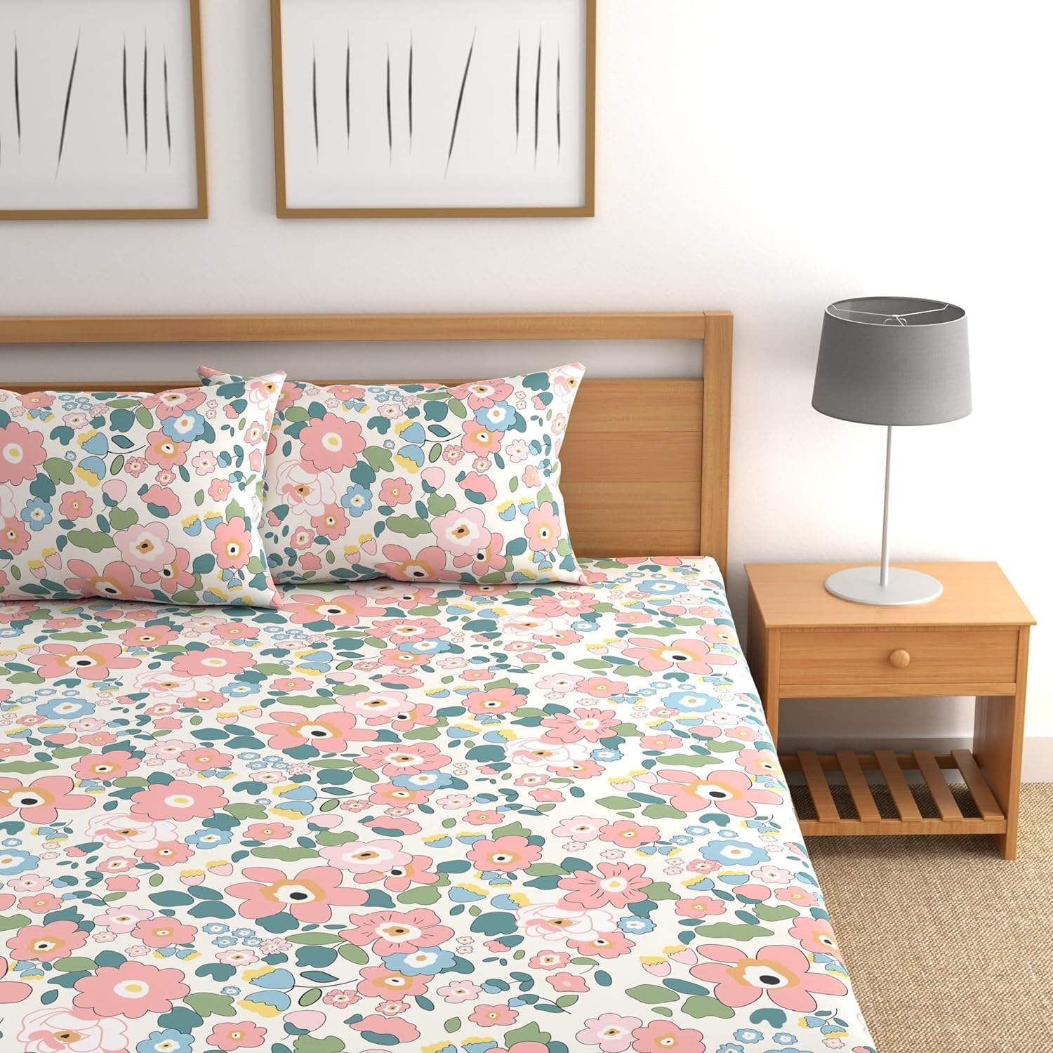 Printed Queen Size Double Bed Bedsheet With 2 Pillow Cover | 60 X 78 Inches, Multicolor - Breathable, Stain & Wrinkle Resistant | All Around Elastic Fitted Bedsheet
