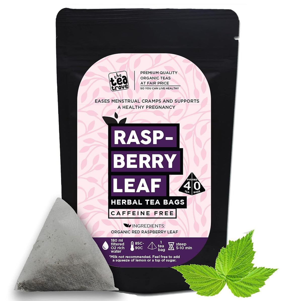 The Tea Trove Organic Raspberry Leaf Herbal Tea Bags In Resealable Pouch - 40 Pyramid Tea Bags | Caffeine Free Red Raspberry Tea To Support The Female System