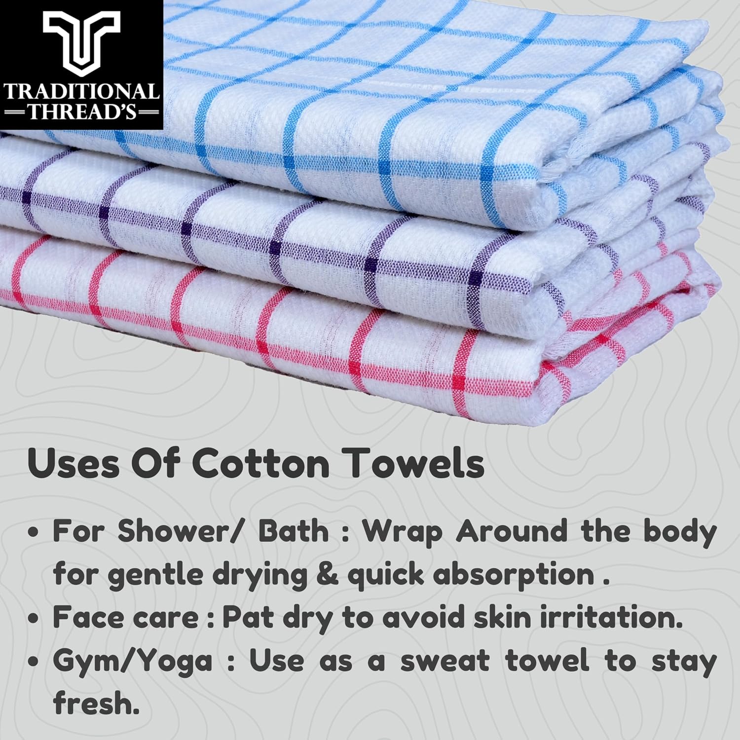 Traditional Thread'S 100% Cotton Large Size Bath Towel 520 Gsm | Ultra Soft, Absorbent, Light Weight & Quick Dry Towel For Bath, Travel, Gym, Beach | Set Of 3