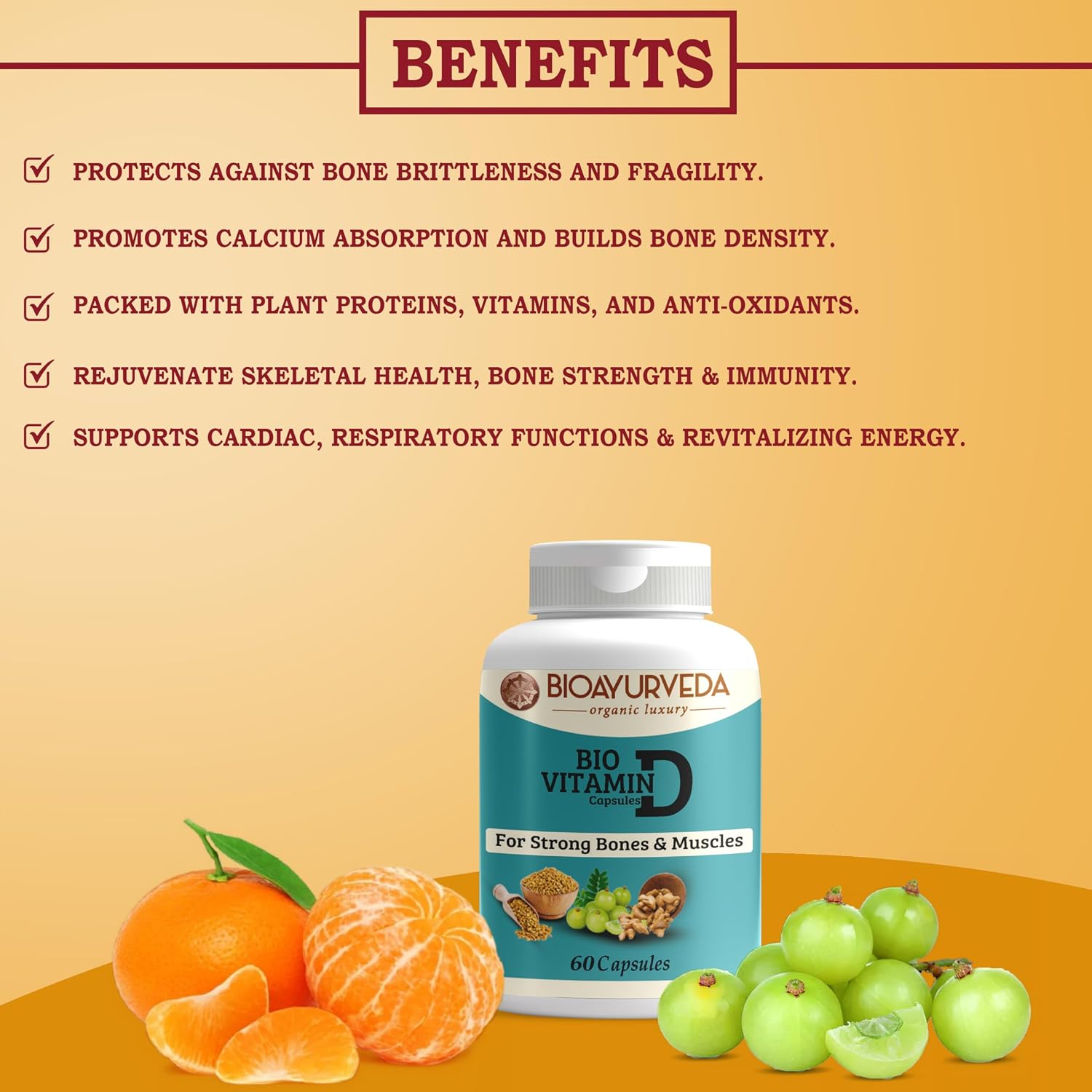 Bioayurveda Bio Vitamin - D Capsule For Strong Bones And Muscles | 60 Capsules , 100gm 0.2lbs,
