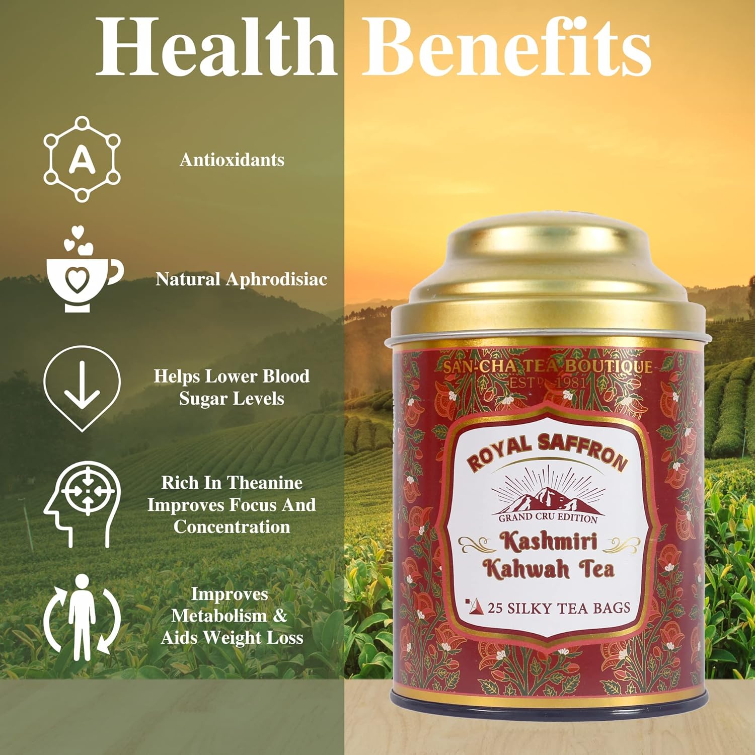 San-Cha Royal Saffron Kashmiri Kahwah Green Tea - 25 Silky Tea Bags | Blended With Real Kashmir Saffron & Almonds - Environment Friendly & Made In Corn Fiber | Low Caffeine