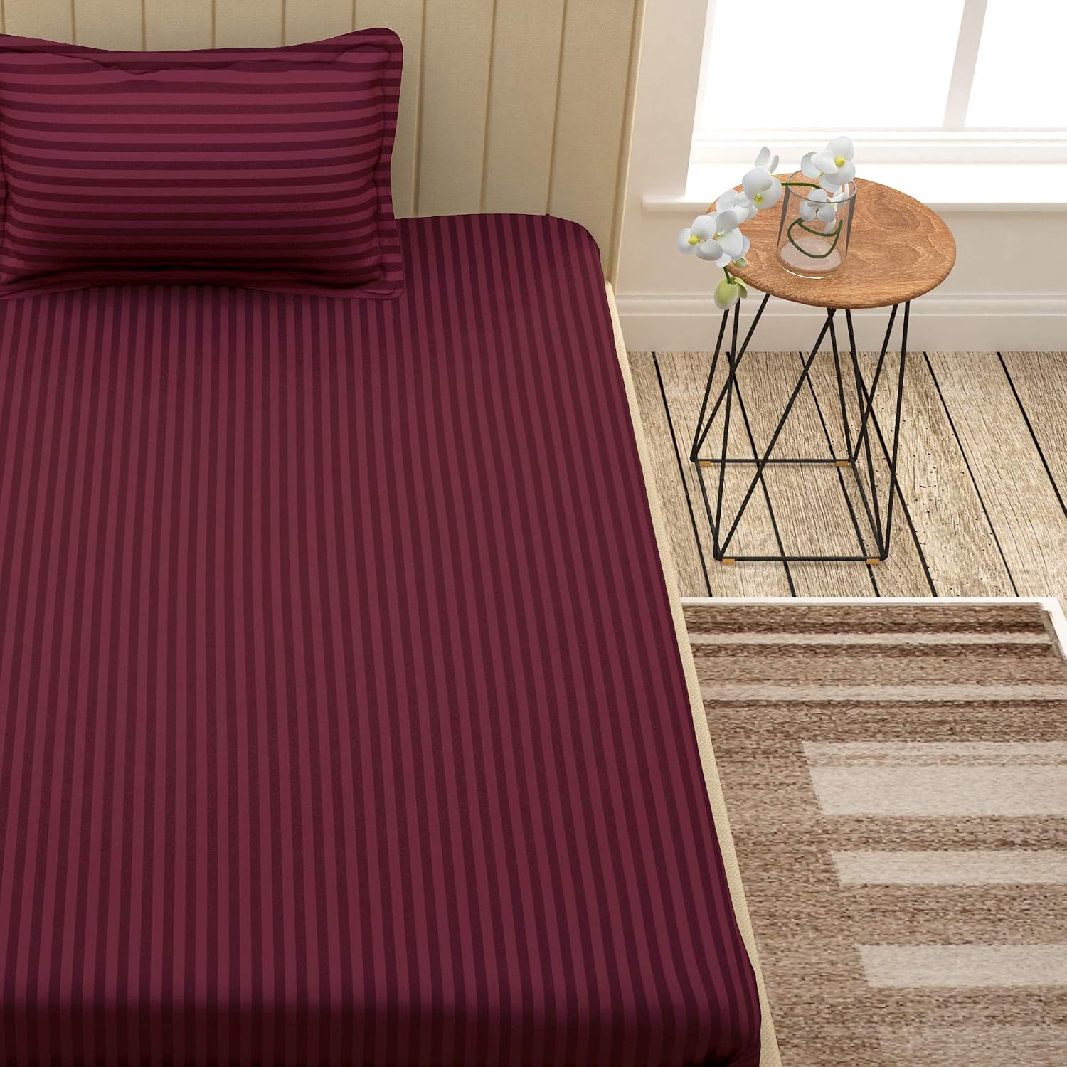 Bedsheet Single Bed With 1 Pillow Covers - 61 X 88 Inches, Wine | Breathable & Durable Sheets | Specially Designed Collection