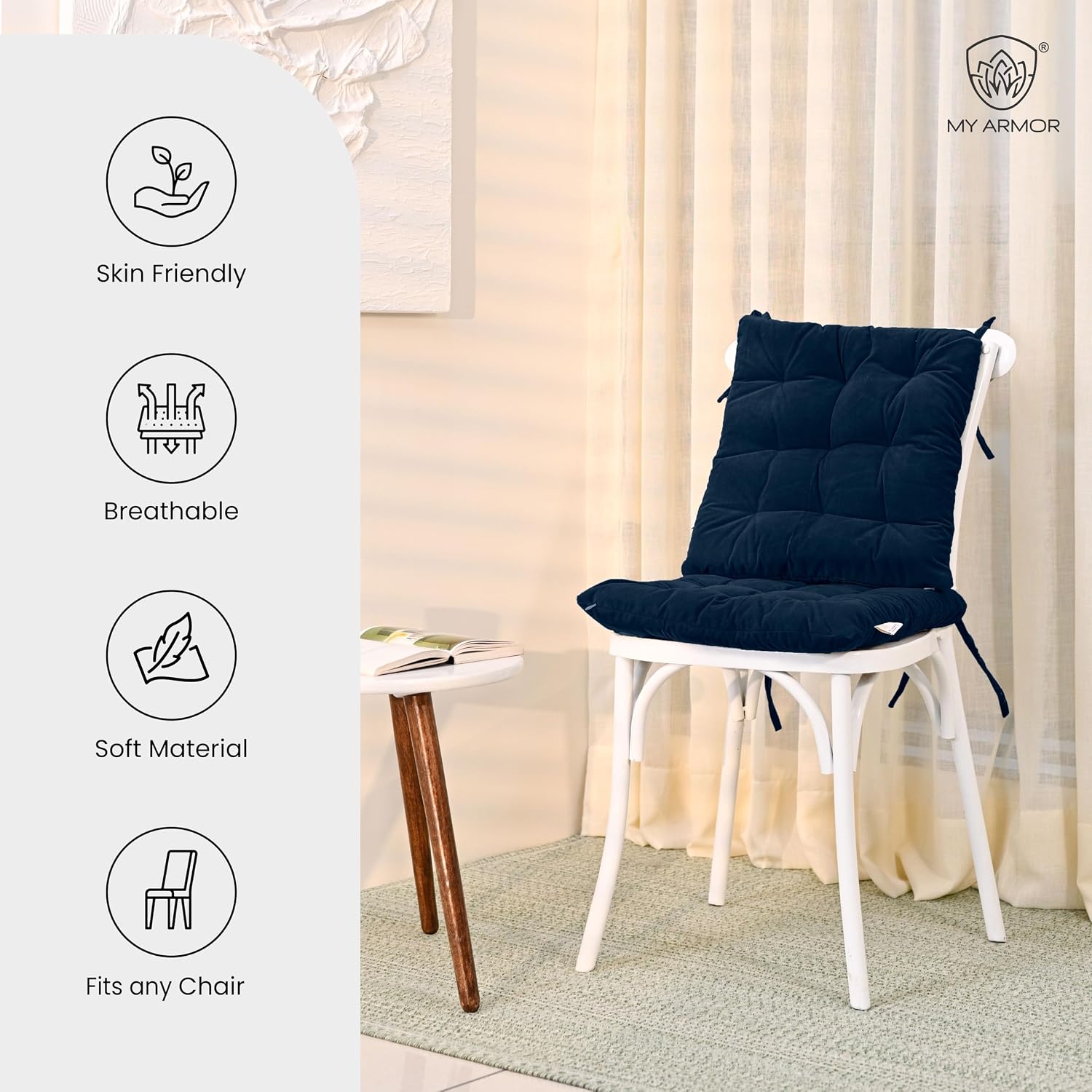 Square Chair Pads Cushion, For Comfortable Sitting, Navy Blue - 40 X 40 Cm | Seat Cushions With Ties For Sitting, Pooja, Dining & Office Table | Furniture Cushion, Washable - Pack Of 4