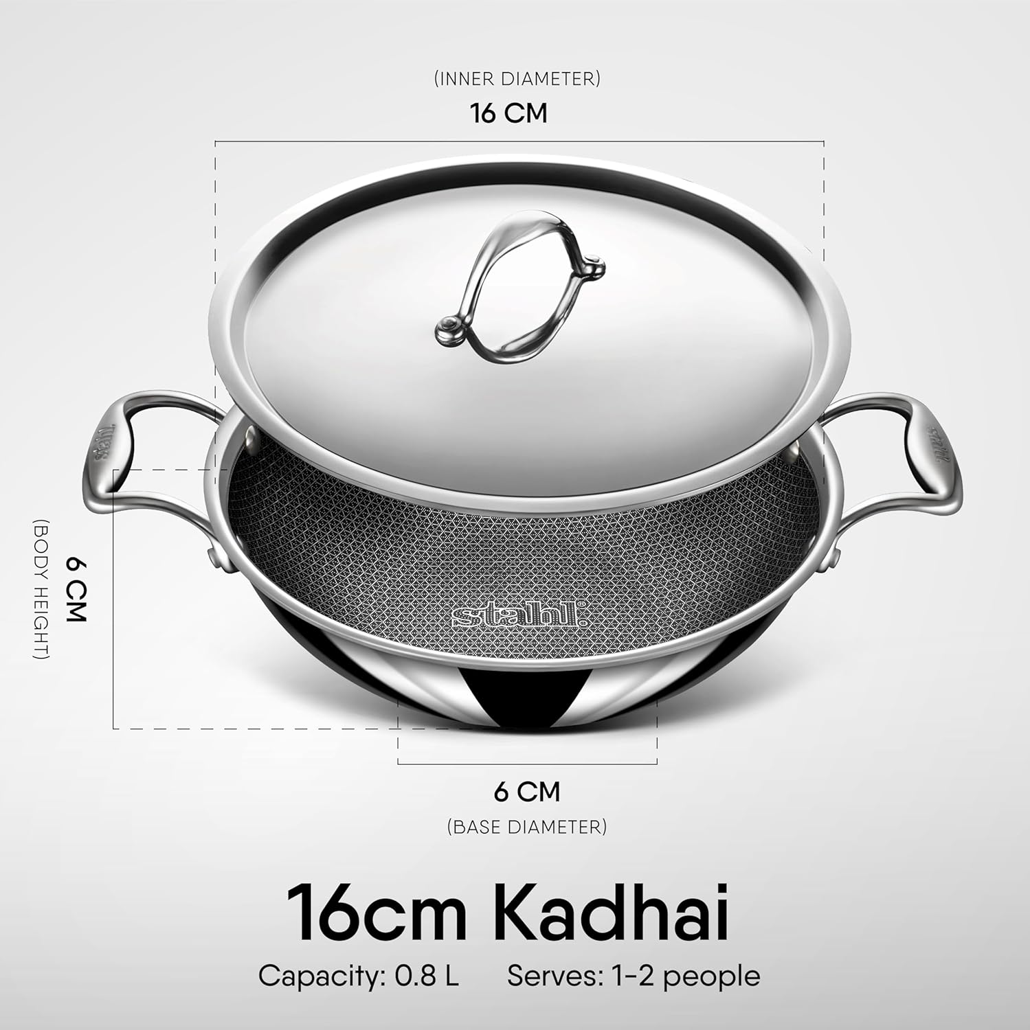 Artisan Hybrid Triply Non Stick Kadai With Lid, 0.8 Liters | Stainless Steel Kadai For Cooking - Triply Kadhai Metal Spatula Friendly, Induction & Gas Stove Compatible, 16 Cm