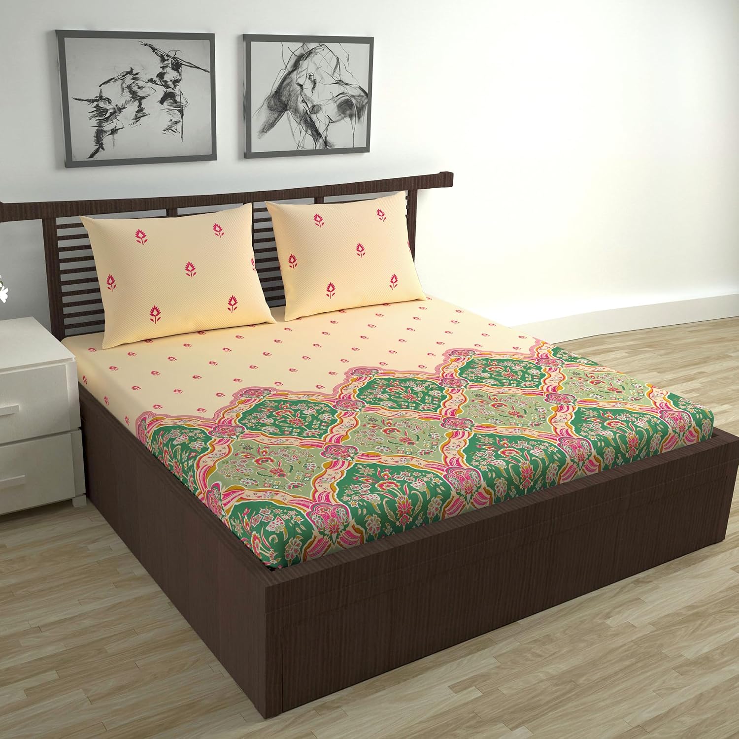 100% Cotton Double Bedsheet With 2 Pillow Cover - 87 X 100 Inches, Cream & Pink | Lightweight, Soft, Skin Friendly - Durable Bedsheets For Everyday Comfort