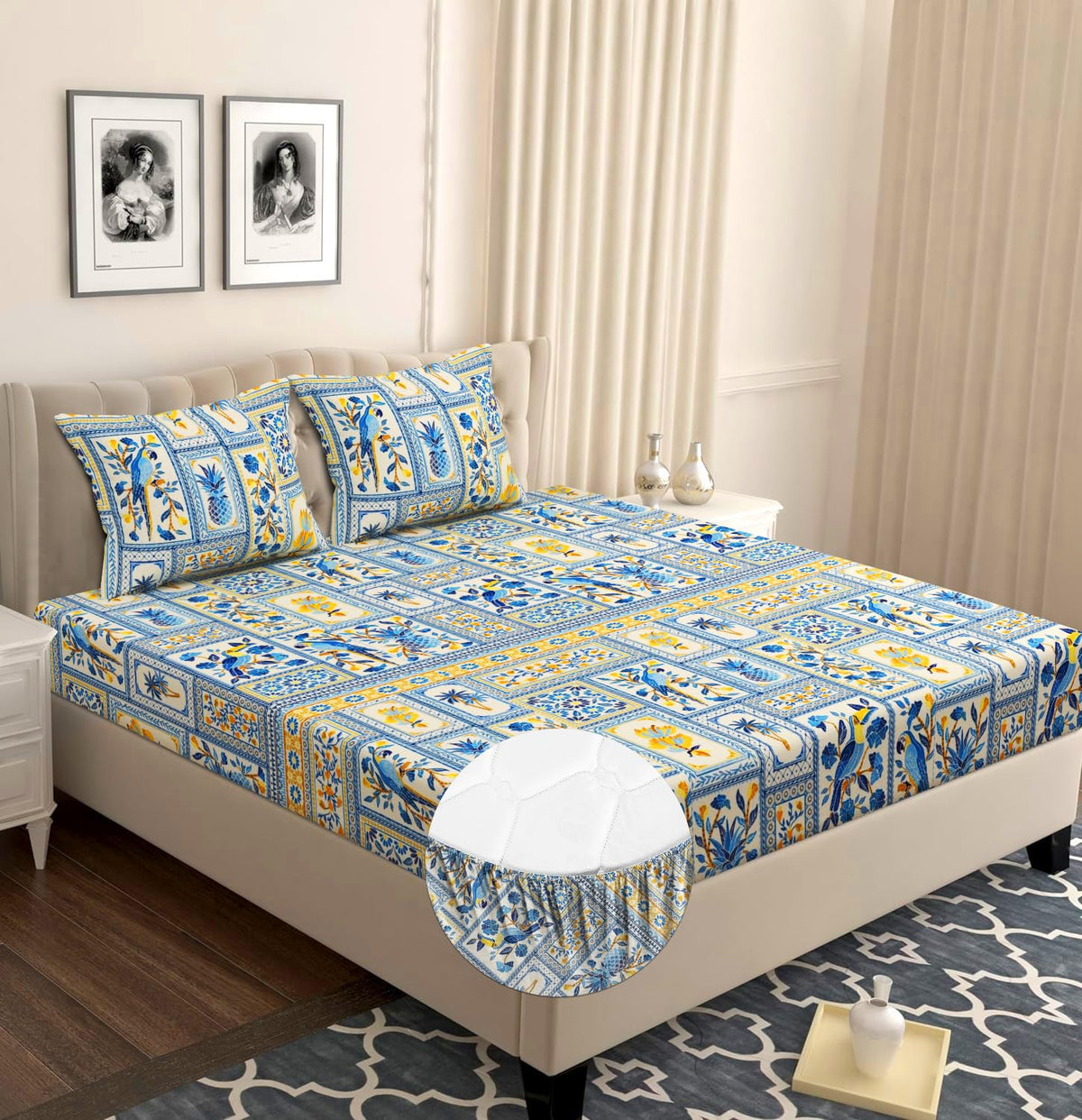 Cotton Elastic Fitted Bedsheets With 2 King Size Pillow Covers - 72 X 78 Inches, Multicolor | Double Bed Wrinkle Free With All Around Elastic 220 TC Super Soft