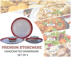 Handcrafted Ceramic Stoneware Dinner Set Of 6 - Off White & Red | 2 Dinner Plates, 10 Inch Each+ 2 Small Plates, 7 Inch Each + 2 Small Dinner Bowls, 180ml Each | Microwave & Dishwasher Safe