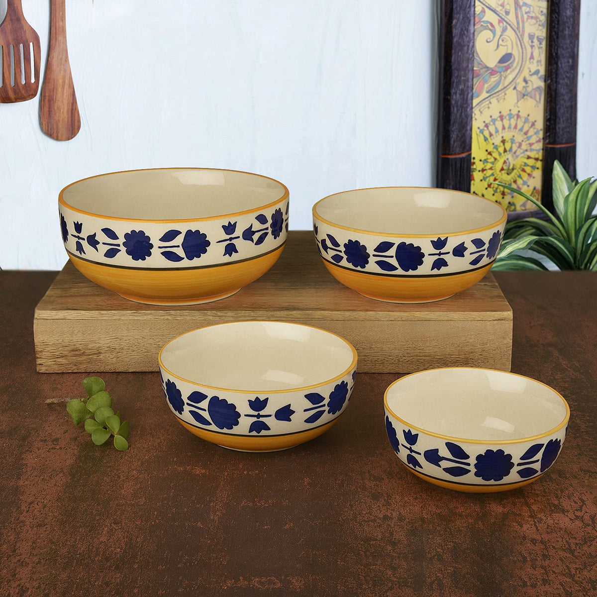 Studio Pottery Hand Painted Dinner Serving Bowl Set Of 4 - 1200ml+650ml+450ml+300ml, Yellow & Blue | Dinner Serving Donga Set - Stackable Kitchen Bowl Set