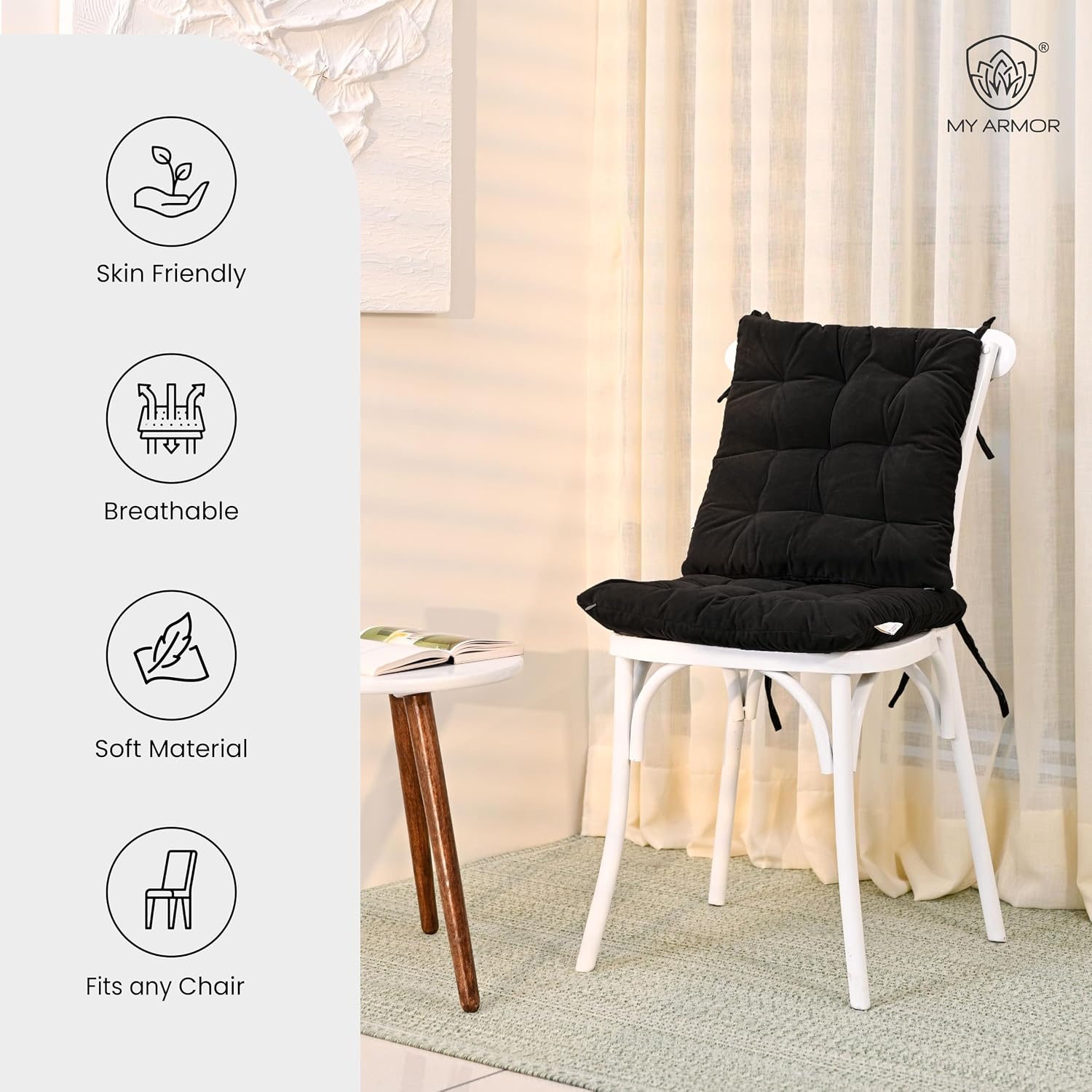 Square Chair Pads Cushion, For Comfortable Sitting, Black Color - 40 X 40 Cm | Seat Cushions With Ties For Sitting, Pooja, Dining & Office Table | Furniture Cushion, Washable - Pack Of 1