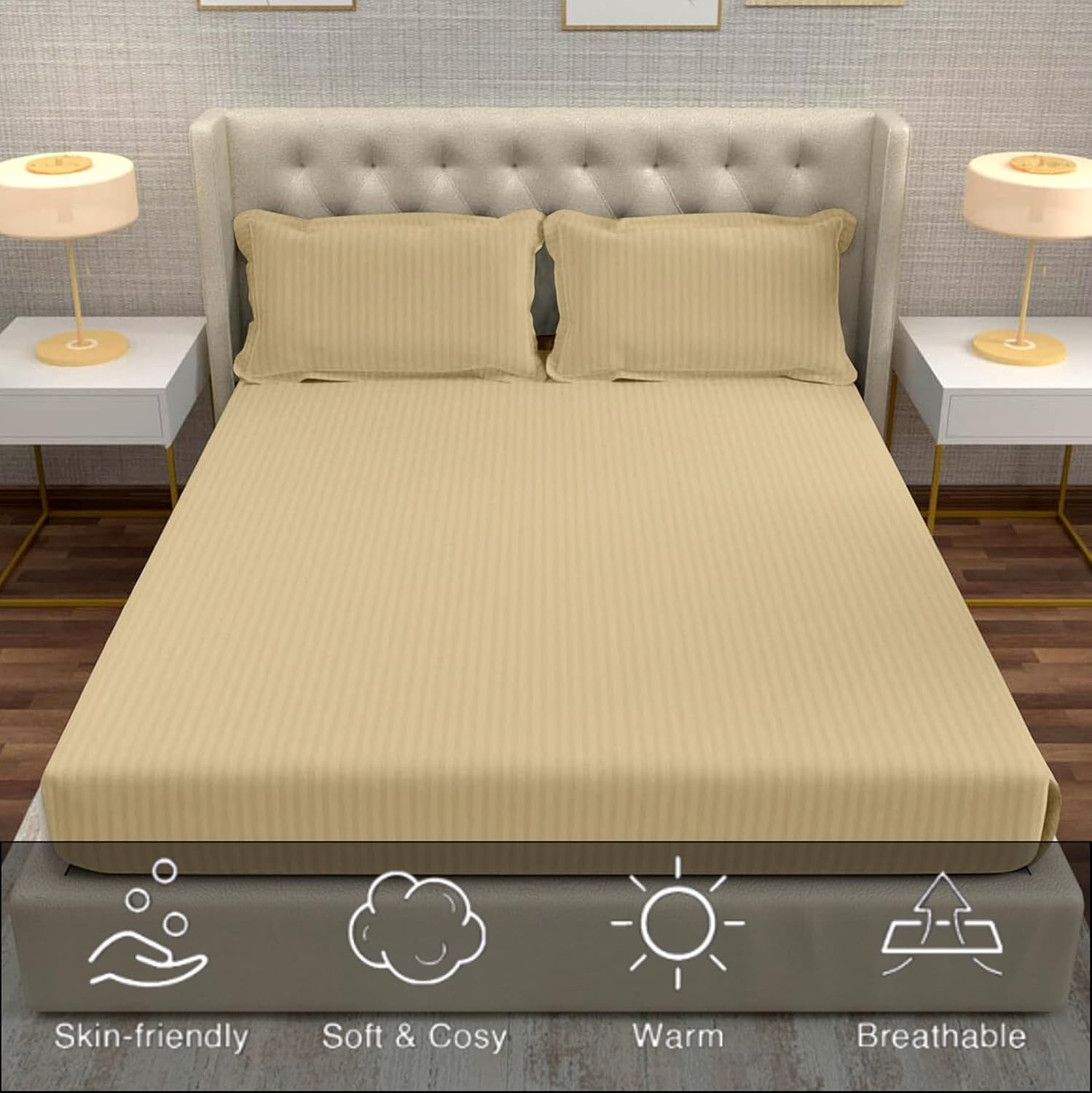 Striped Cream Bedsheet For King Size With 2 Pillow Cover (90 X 95 Inches) | Softer & Durable For All Season | Ideal For Daily Use Home Bedsheet
