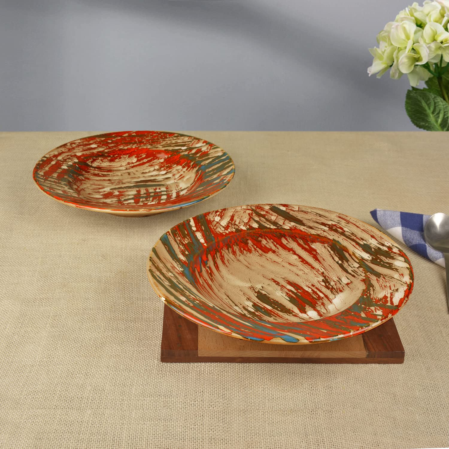 Hand Brush Stroke Ceramic Pasta Serving Plates Set Of 2 - 9 Inches, Multicolor | Soup Plates - Ceramic Maggi Plates