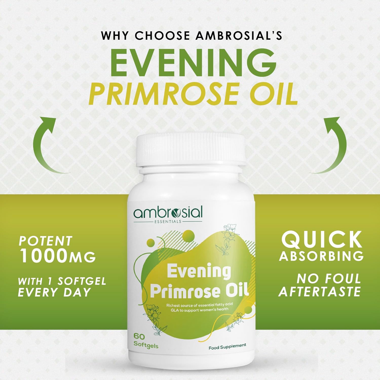 Ambrosial Evening Primrose Oil Epo 1000mg Rich Source Of Omega 6 & Gla | Non - Gmo, Gluten Free No Artificial Preservatives | 60 Softgels 100gm 0.2lbs