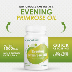 Ambrosial Evening Primrose Oil Epo 1000mg Rich Source Of Omega 6 & Gla | Non - Gmo, Gluten Free No Artificial Preservatives | 60 Softgels 100gm 0.2lbs