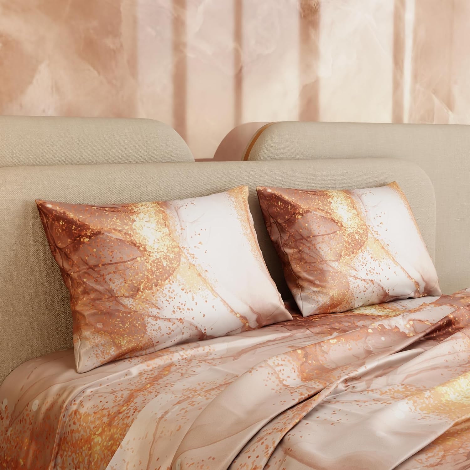 Bedsheet For Super King Size Bed With 2 Matching Pillow Cover - 108 X 108 Inches, Champagne & Gold | Ideal For Healthy Skin & Hair | 100% Premium Fabric Is Lightweight, Soft & Comfortable