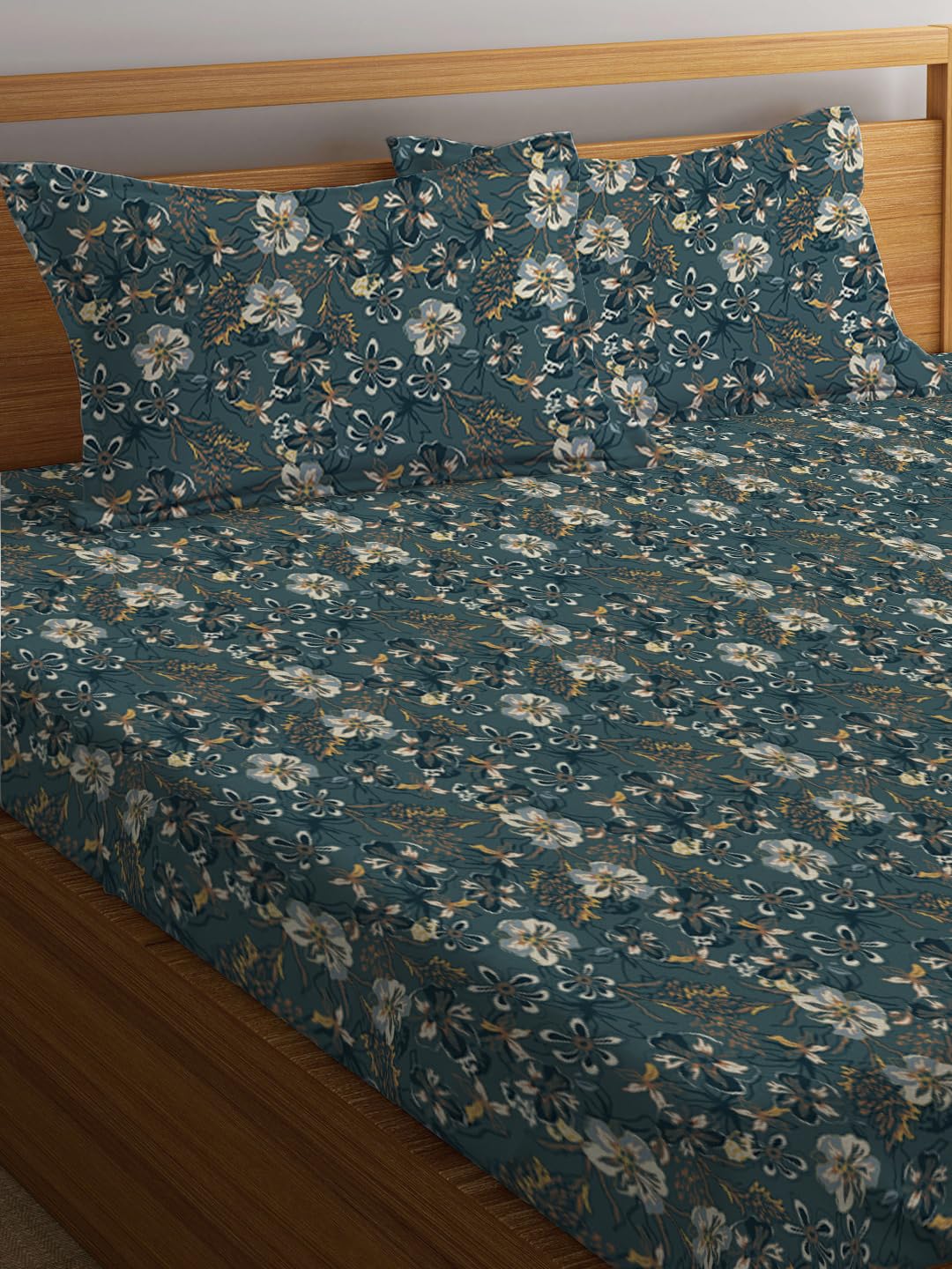 Double Bed Bedsheet With 2 Pillow Covers - 72 X 78 X 10 Inches, Peacock Green | Elastic Fitted Printed King Size Bedsheet | Soft, Breathable & Wrinkle-Free