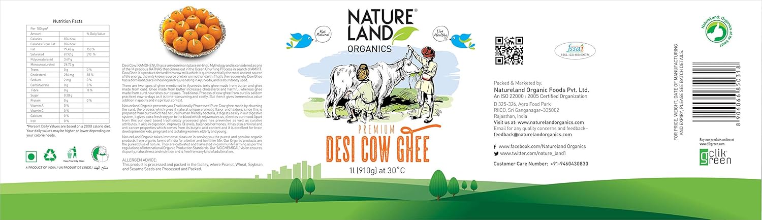 Natural A2 Desi Cow Ghee By Natureland Organics | Delicious & Nutritious Healthy Billona Desi Cow Ghee Good For Bones Health | (1 Litr) 33.8 Ounce | Jar Pack